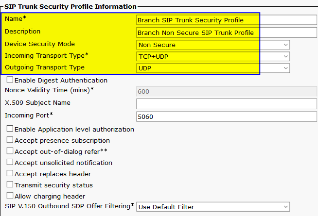 cisco sip trunk security profile