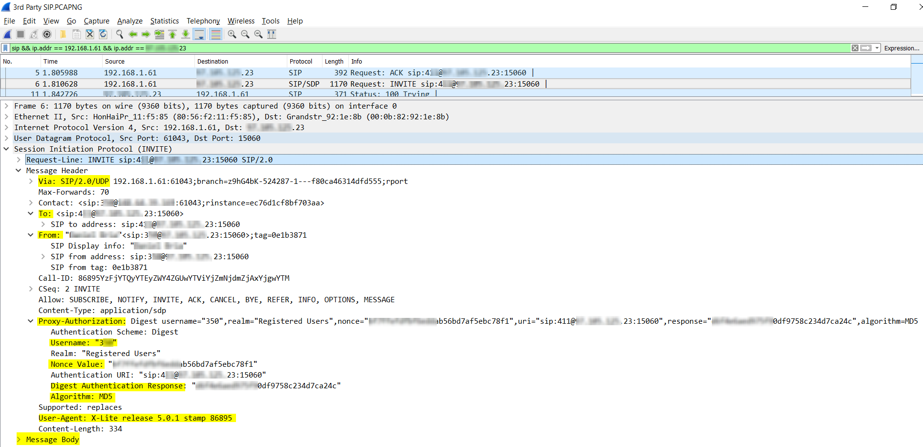 Wireshark SIP Analysis - SIP fields